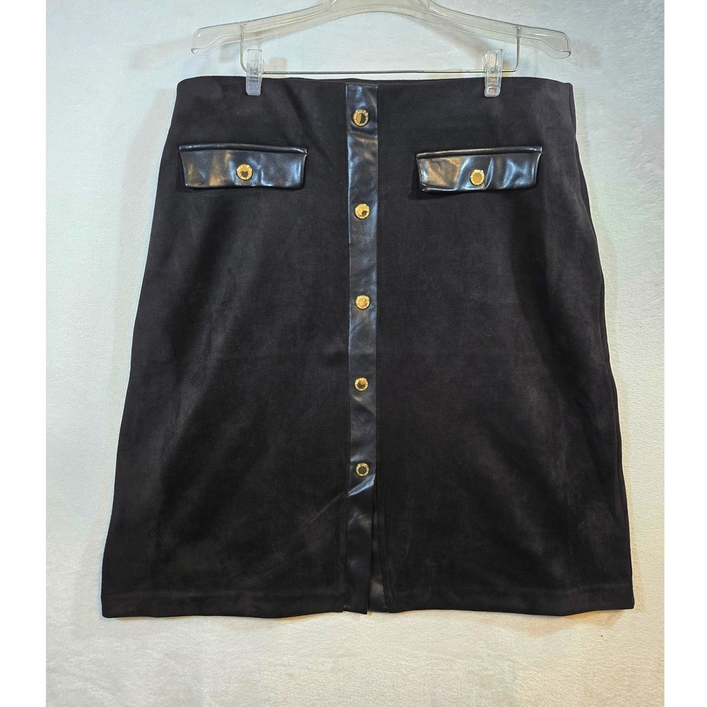 Marc New York Women Faux Suede Leather Trim Snap Front Skirt Black XL M5MSE278